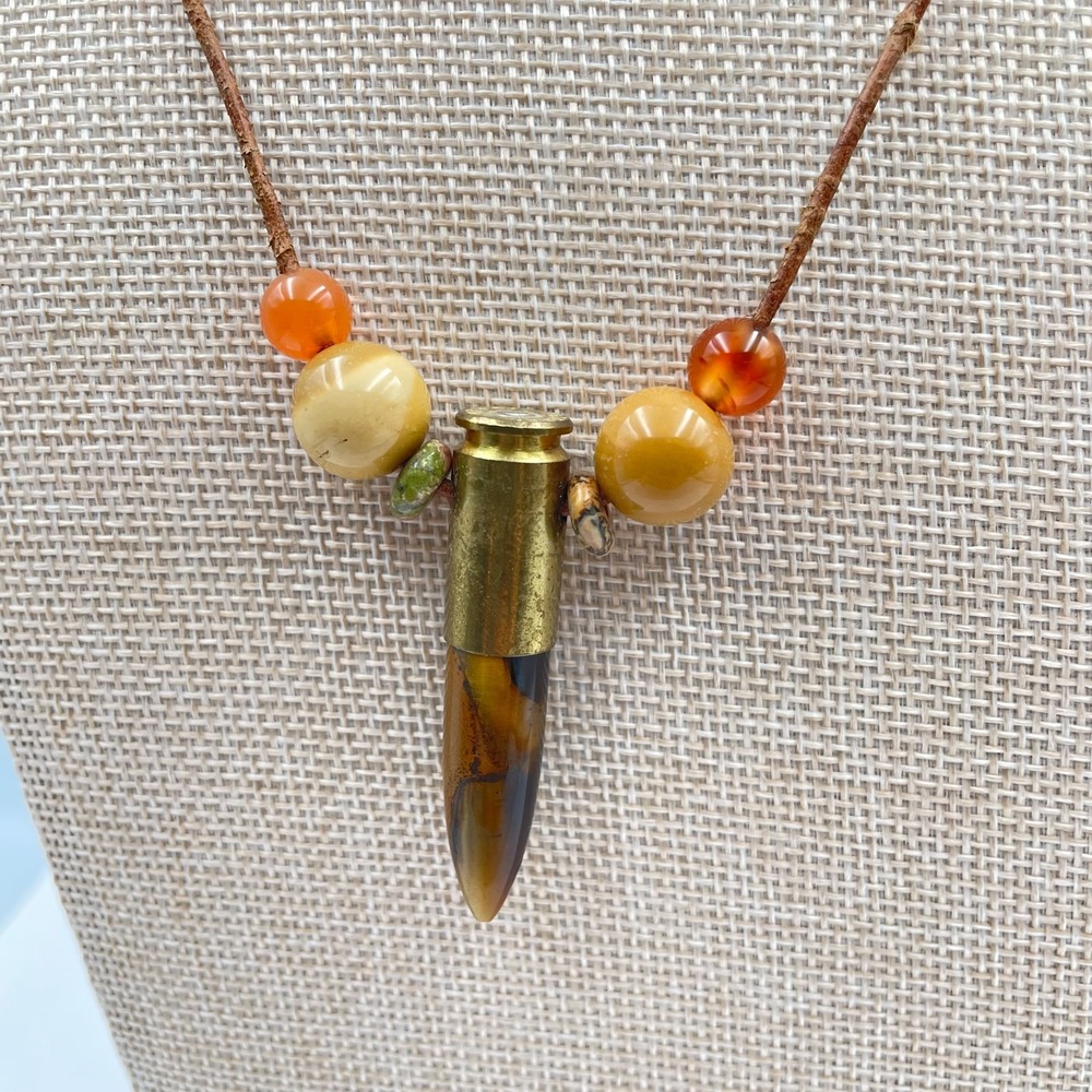 Vintage Tiger Eye Point Bullet Pendant Necklace Carnelian Beads Western Jewelry
